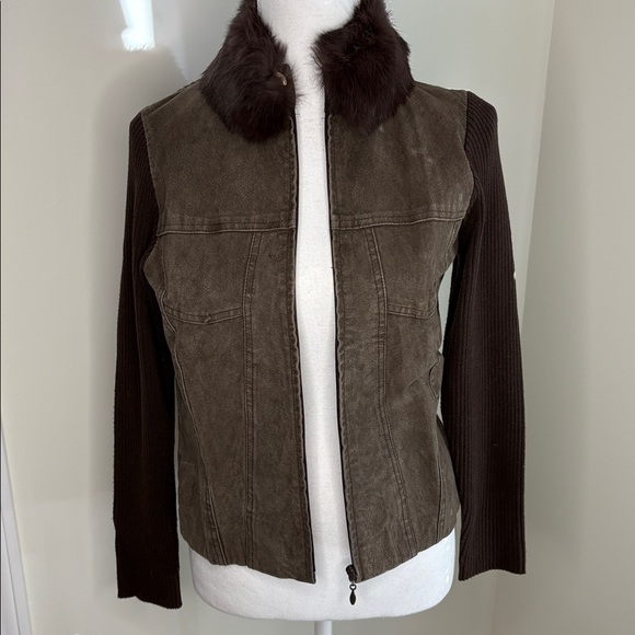 Escapade Brown Suede Bomber Style Zip Up Jacket with Faux Fur Collar. Med Petite - Picture 1 of 10